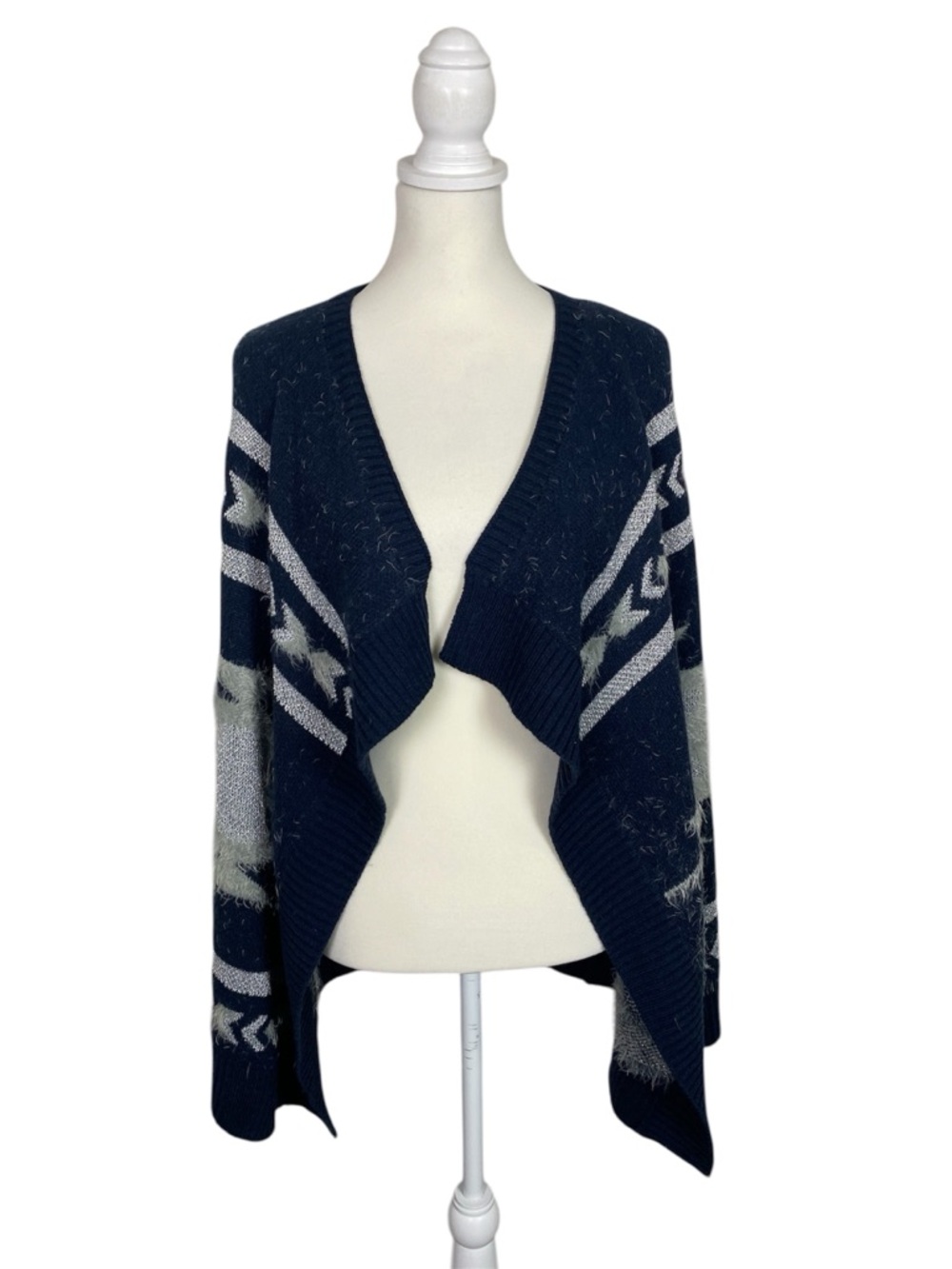 BCBG MaxAzria Cardigan Aztec Open Front Sweater Fuzzy Knit Boho Western Drape